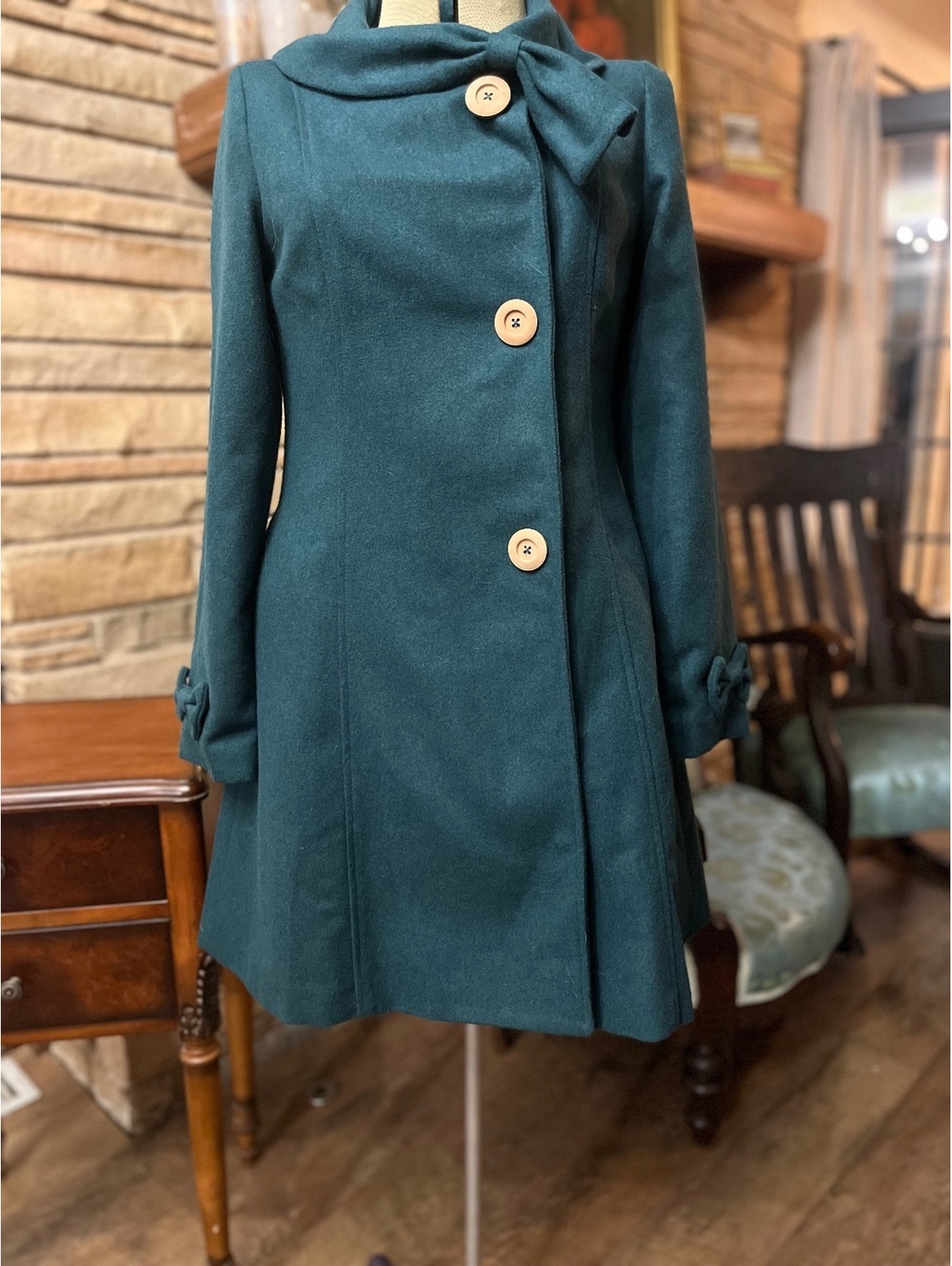 ModCloth Green Asymmetrical  Coat Bow Accent Fit Flare Retro Wool Blend S